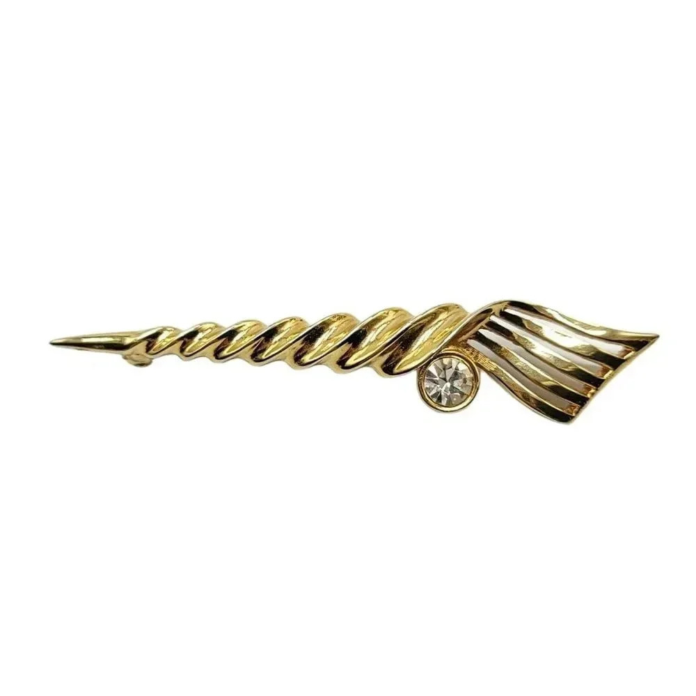 Crown Trifari Brooch Pin Scepter Staff Art Deco Style Rhinestone Gold Tone Metal